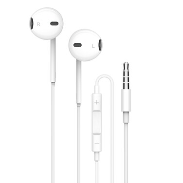 Porodo Soundtec Stereo Earphones, 3.5mm AUX Connector, High-Clarity Mic, Headphone Volume Control, Tangle-Free, Compatible with iPad, Smartphones, Tablets, Speakers - White
