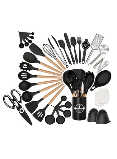 HOME Kitchen Utensils Set- 44PCS Silicone Cooking Utensils with Holder, Umite Chef Heat Resistant Kitchen Utensil Spatula Set for Nonstick Cookware, Black Wooden Handles Kitchen Gadgets Tools Set