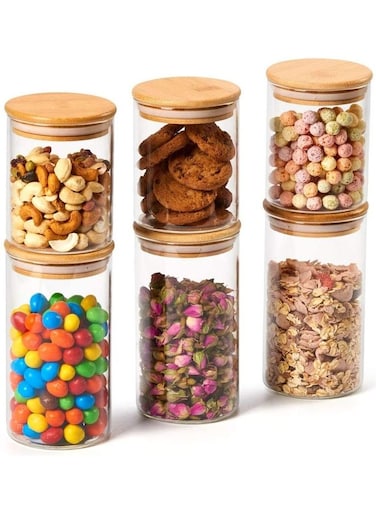 6-Piece Food Storage Glass Jars With Bamboo Lids Clear 3 x 450, 3 x 700ml