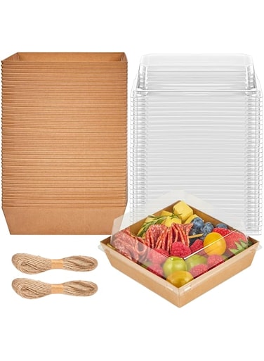 ZORRITA 50Pack Paper Charcuterie Boxes with Clear Lids Square Sandwich Boxes with 44yd Twine Disposable Food Containers for Swiss Roll, Strawberries, Slice Cake, Cookies, Brown
