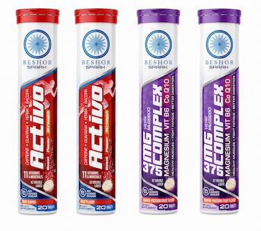 Activo &amp; MG Complex Effervescent Energy + Wellness Bundle   With Caffeine, Guarana, Yerba Mate, Magnesium, Vitamin B6 &amp; CoQ10   Fruit &amp; Passion Fruit Flavors   Sugar-Free   2 ACTIVO + 2 MG Complex (80 Tablets)
