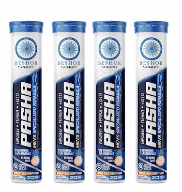 PASHA Effervescent for Men Special Formula   13 Essential Vitamins &amp; Minerals with Ginseng, Yerba Mate &amp; CoQ10 - Sugar Free   Tablets   Orange Blackberry Flavour   80 Count (Pack of 4)