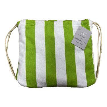 La Collection 250 GSM Polyester Digital Print Beach Towel Green Stripe 70x140cm and Cotton Two Cord Pocket Bag 32x35cm