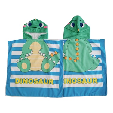 لا كوليكشن منشفة أطفال بغطاء رأس من البوليستر بطباعة رقمية 250 غرام لكل متر مربع زرقاء بتصميم ديناصور 60×120 سم