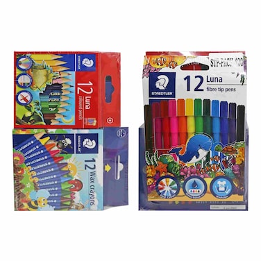 Staedtler Luna Coloured Pencils 12 PCS and Wax Crayons 12 PCS with Luna Fibre-tip Pens 12 PCS