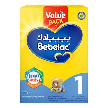 Bebelac 1 Iron Biotics Infant Formula, 0-6 Months, Stage 1, Palm Oil Free, Value Pack Bag in Box Fortified with Iron, Vitamin C, Prebiotics 1200g
