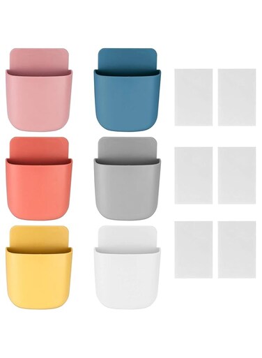 TOOINKCV 6 Pcs Remote Control Holder Wall Mounted, Self-Adhesive Wall Mount Phone Pen Pencil Makeup Brushes Glasses Holder Storage Box Organizer for Wall Beside Table