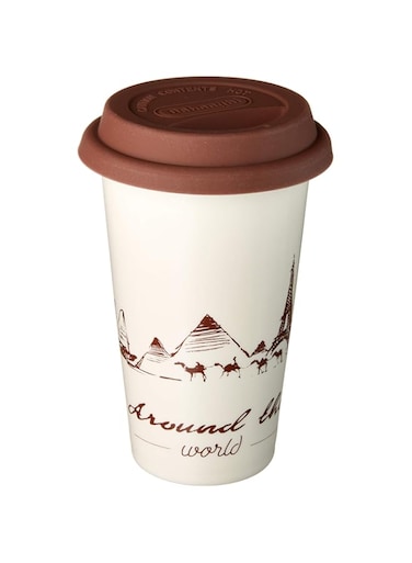 De'Longhi Globetrotter Coffee Mug - Handmade Double-Wall Ceramic Thermal Mug, Silicone Lid, Keeps Drinks Warm Longer, Microwave and Dishwasher Safe, 1-Year Warranty, Brown DLSC057