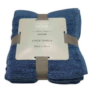 La Collection 500 GSM Cotton Zero Twist Face Towels Blue 30x30cm 4 PCS