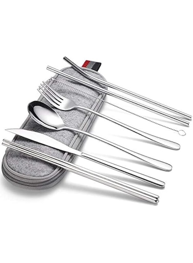 Portable Stainless Steel Travel Camping Cutlery Set with Waterproof Case, 7 Pieces