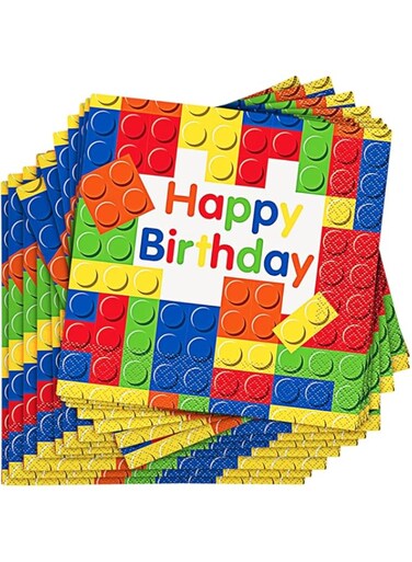 Unique Building Blocks Happy Birthday Napkin 16-Pieces, Multicolor