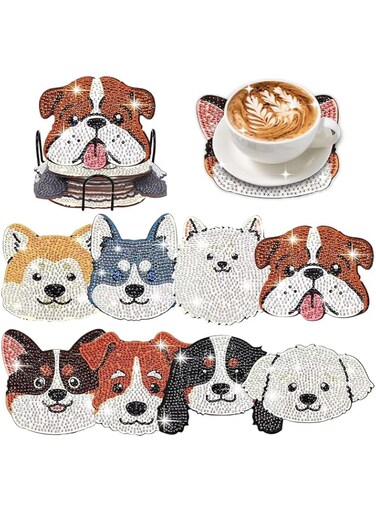 ZYNOXITY 8 PCS Dog Diamond Art Coasters Set DIY Round Wooden Cup Holders for Home Bar Table Decor, Crafts &amp; Gifts