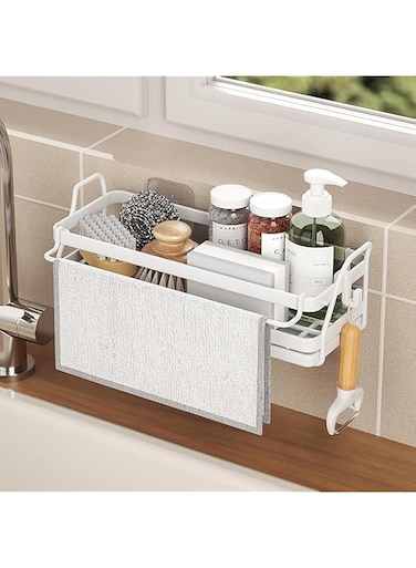 TAME Sink Caddy Sponge Holder, Sponge Holder for Kitchen Sink, Wall Mount Kitchen Sink Caddy, Rustproof Kitchen Sponge Caddy for Kitchen Sink, Kitchen Sink Organiser Accessories (White)