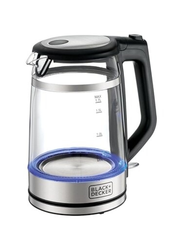 BLACK+DECKER Glass Kettle, 2200W Heating, Double Wall Wrap Protection, 1.7L Capacity, Premium Stainless Steel Finish, Blue LED Illumination, 360&deg; Cordless Base, Easy Pour, Multi Color - GK220-B5