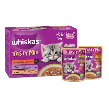 Whiskas Junior Tasty Mix, Land and Sea Collection in Gravy, Pack of 12x70g