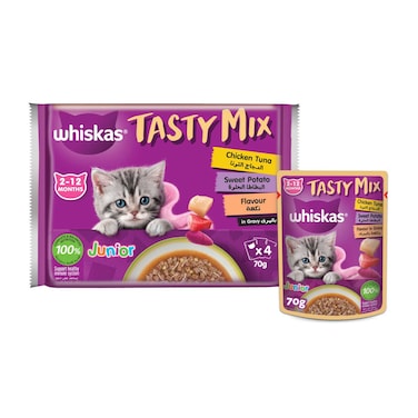 Whiskas Junior Tasty Mix, Chicken Tuna &amp; Sweet Potato in Gravy, Pack of 4x70g