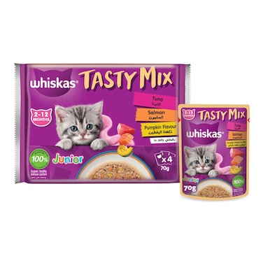 Whiskas Junior Tasty Mix, Tuna Salmon Pumpkin in Jelly, Pack of 4x70g