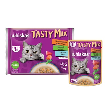 Whiskas Tasty Mix Wet Cat Food, Tuna Salmon with Spinach in Jelly, Pack of 24x70g