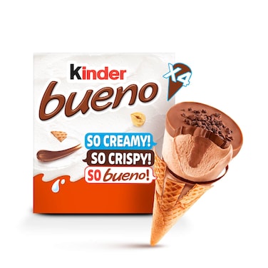 Kinder Bueno Classic Ice Cream, Creamy Hazelnut &amp; Chocolate Topping, Multipack, 4 Cones, 4x62g