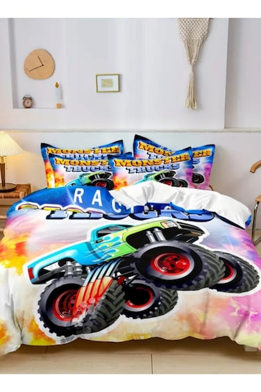 Home Single Size, 4-piece Duvet Cover Set In White,a Colorful Car Design 160x210cm.