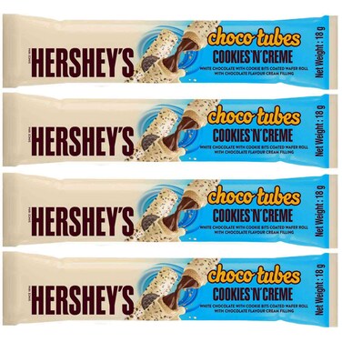 Hershey's Choco Tubes Cookies 'N' Creme White Chocolate Coated Wafer Roll with Chocolate Flavour Cream Filling 18g Pack of 5