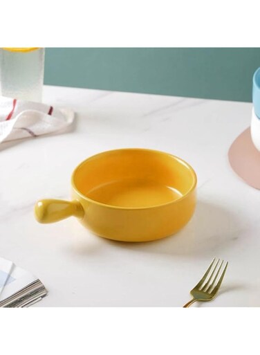 Nestasia Yellow Round Ceramic Serving Bowl with Handle, Soup Bowl, Salad Bowl, Bowl for Snacks, Microwave Safe, Dishwasher Safe (6.2 inch Diameter, 600ml Capacity)