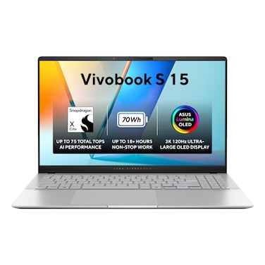 أسوس لابتوب فيفوبوك إس 15 S5507QA-MA001W، سنابدراجون اكس ايليت اكس 1 اي 78 100، ذاكرة رام 32 جيجابايت، واس اس دي سعة 1 تيرابايت، وبطاقة رسوميات كوالكوم أدرينو، وويندوز 11 هوم، لون فضي، إنجليزي وعربي