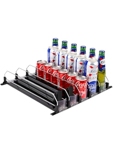 MAXTUF Drink Dispenser for Fridge, Soda Can Organizer for Refrigerator, Adjustable Width Beverage Self-Pushing Glide Rack, Up to 30 Cans Storage for Fridge Pantry (16.4 Inch, 5 Rows) Black