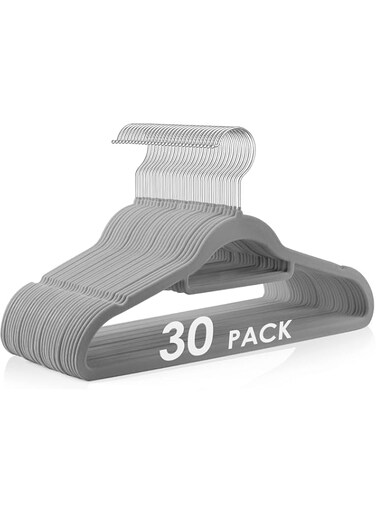 LENDIS Anti-Slip Velvet Hangers - Suit Hangers (Pack of 30) Slim Space Saving Space Saving 360 Degree Swivel Hook Durable hanger holds up to 10 lbs of jackets, pants and formal wear (30, Grey)