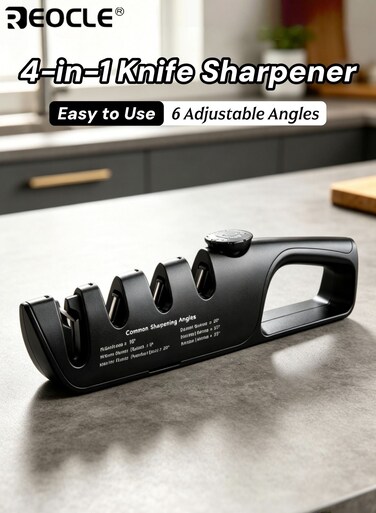 4 in 1 Knife Sharpener Multifunctional Sharpener with Adjustable Angle Knob Polishing Kitchen Sharpeners Convenient to Restore Dull Blades Anti-Slip Base Ideal for Home Cooks Chefs