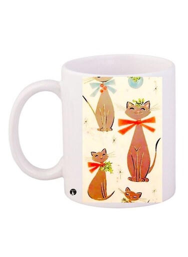 Cats Printed Coffee Mug White/Beige/Green 11ounce