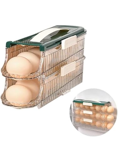 2 Layer Egg Container, Plastic Auto Rolling Egg Organizer, Clear Egg Holder with Lids and Portable Carrying Handle, Stackable Egg Holder for Kitchen Storage and Organization, Hold 14 Eggs