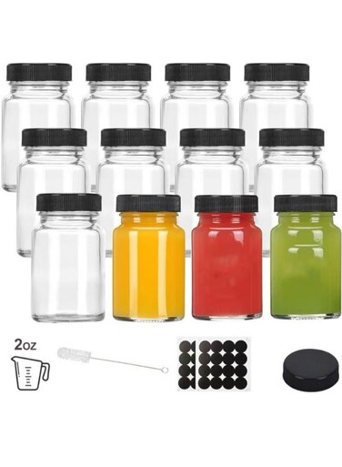 2oz Glass Jars With Lids, Small Mason Jars for Liquids, Wide Mouth Short Jars with Caps for Potion, Ginger Shots, Oils, with Waterproof Stickers and Brush