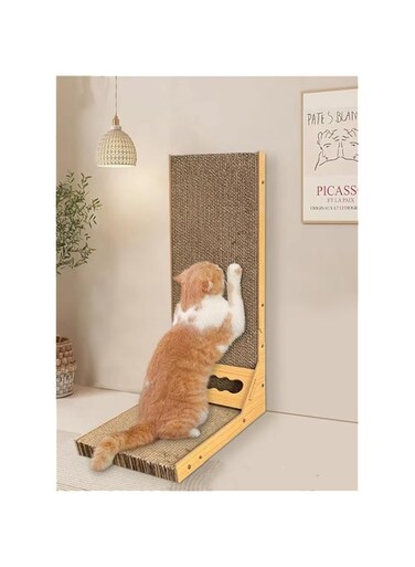 PYHLHY L Shape Scratch Board for Cats, Scratching Post with Catnip for Cats, Protecting Furniture Cat Scratch Pad, Cat Scratcher with Ball Toy, 23.6inches/60cm Tall Comes with Cat Teaser Wand Toy