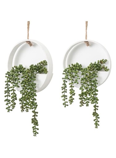 Supreouts Artificial Succulents Hanging Plants, 2 Pcs Fake String of Pearls in Pot with Lanyard for Indoor Outdoor Wall Living Room Bedroom Bathroom Study Room