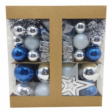 كارفور مجموعة كرات زينة الكريسماس 100 قطعة - أزرق ، فضي ، أبيض