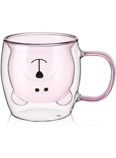 Mugs, Bear Tea Coffee Cup, Double Wall Glass Milk Coffee Bear Mug with Handle, Insulated Espresso Christmas Cup, Cute Birthday gift for Women Men Valentine's Day, 250 ml, Pink