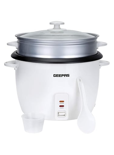 Geepas Automatic Rice Cooker- GRC4327  2.8 L Capacity with Non-Stick Inner Pot and Toughened Glass Lid  Includes Cook, Steam, and Warm Functions  900w