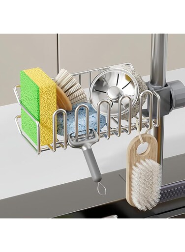 NALACAL Stainless Steel Sponge Holder for Faucet Sink, Detachable Scrub Kitchen Sink Sponge Holder Around Faucet Caddy for Bathroom, Kitchen, Sink Organizer Fits Soap, Dish, Items Storage