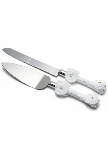 Wedding Cake Knife &amp; Spatula Server Set &acirc;&euro;&ldquo; Stainless Steel, White Handle