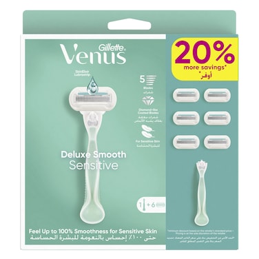Gillette Venus Deluxe Smooth Sensitive Razor Handle with Cartridges Pack of 6