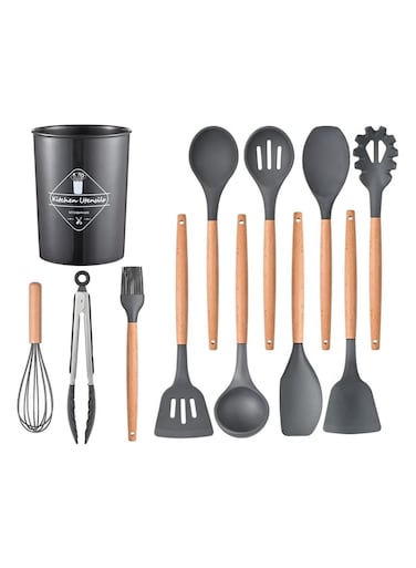 ACLIX 12 Pcs Silicone Cooking Utensils Kitchen Utensil Set - Turner Tongs, Spatula, Spoon, Brush, Whisk, Wooden Handle Gray Kitchen Gadgets With Holder For Nonstick Cookware Grey/Black