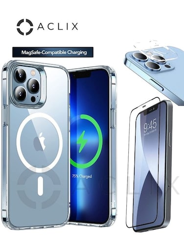 جراب شحن ACLIX 3 في 1 مقاوم للصدمات ومتوافق مع تقنية MagSafe لهاتف Apple iPhone 14 Pro Max، مزود بواقي شاشة زجاجي مقوى ثلاثي الأبعاد شفاف/أسود وعدسة كاميرا
