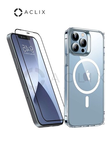 جراب ACLIX 3 في 1 لهاتف Apple iPhone 13 Promax مع واقي شاشة زجاجي ثلاثي الأبعاد بإطار أسود، جراب حماية مقاوم للصدمات مقاس 6.7 بوصة، جراب حماية ناعم مقاوم للخدوش، جراب شفاف رفيع