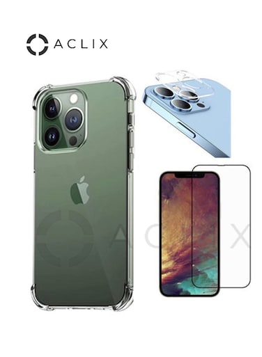 ACLIX 3in1 Shockproof Case 3D Tempered Glass Screen Protector Camera Lens For iPhone 14 ProMax Clear