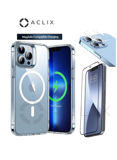 ACLIX 3in1 Shockproof Magsafe-Compatible Charging Case With 3D Tempered Glass Screen Protector &amp; Camera Lens For iPhone 14 ProMax Clear