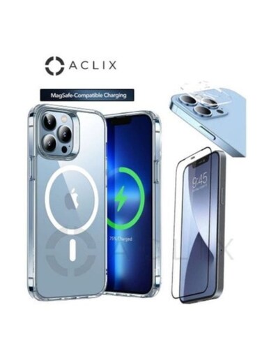 ACLIX 3in1 Shockproof Magsafe-Compatible Charging Case With 3D Tempered Glass Screen Protector &amp; Camera Lens For iPhone 14 Pro Clear