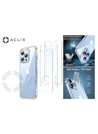 ACLIX 4 in 1 iPhone 14 Pro With A Glass Screen Protector 6.7 inch Shockproof Protective Case, Slim Transparent Thin Case Soft Scratch-Resistant Protection Case, For iPhone 14 Pro
