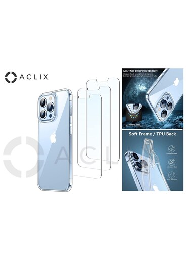 جراب ACLIX 4 في 1 لهاتف iPhone 14 Pro مع واقي شاشة زجاجي، نحيف وشفاف، مقاوم للخدوش والصدمات، مقاس 6.7 بوصة.