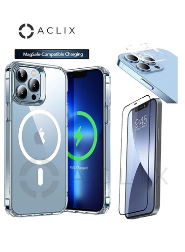 ACLIX 4in1 Shockproof Magsafe-Compatible Charging Case With 3D Tempered Glass Screen Protector &amp; Camera Lens For iPhone 14 Pro Clear